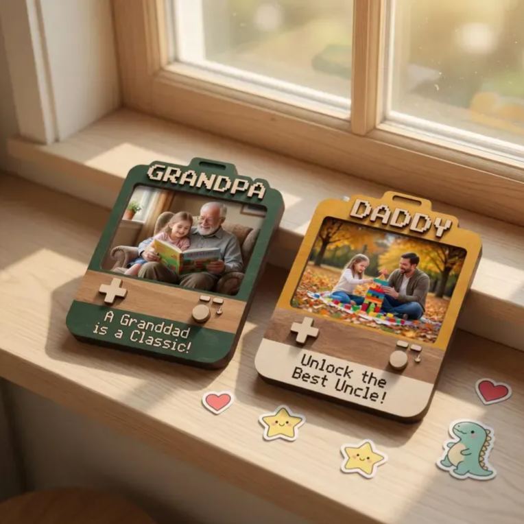Custom Dad Photo Game Frame Magnet, Personalized Father's Day Gift, Retro Game Console 2D Picture Magnet, Wooden & Acrylic Keepsake for Dad, Grandpa, Papa - MyMoonLampAu