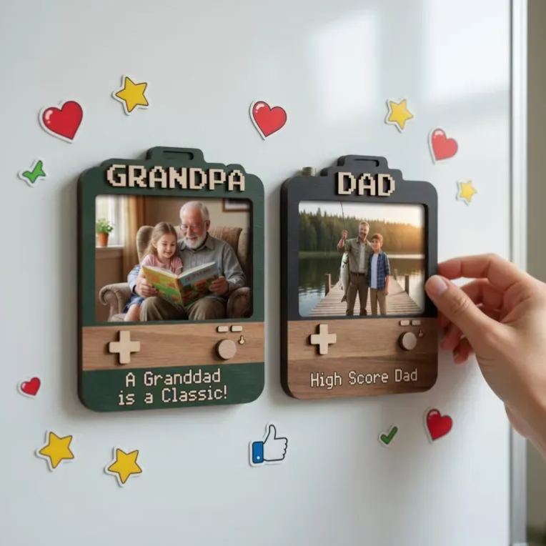 Custom Dad Photo Game Frame Magnet, Personalized Father's Day Gift, Retro Game Console 2D Picture Magnet, Wooden & Acrylic Keepsake for Dad, Grandpa, Papa - MyMoonLampAu