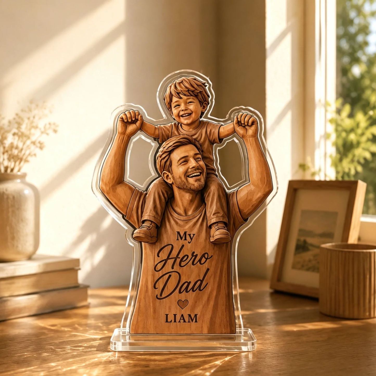 Personalized My Hero Dad 2D Acrylic Plaque, Custom Name Father Son Woodcut Style Keepsake, Thick Clear Acrylic Father’s Day Gift, Desk Decor for Dad - MyMoonLampAu