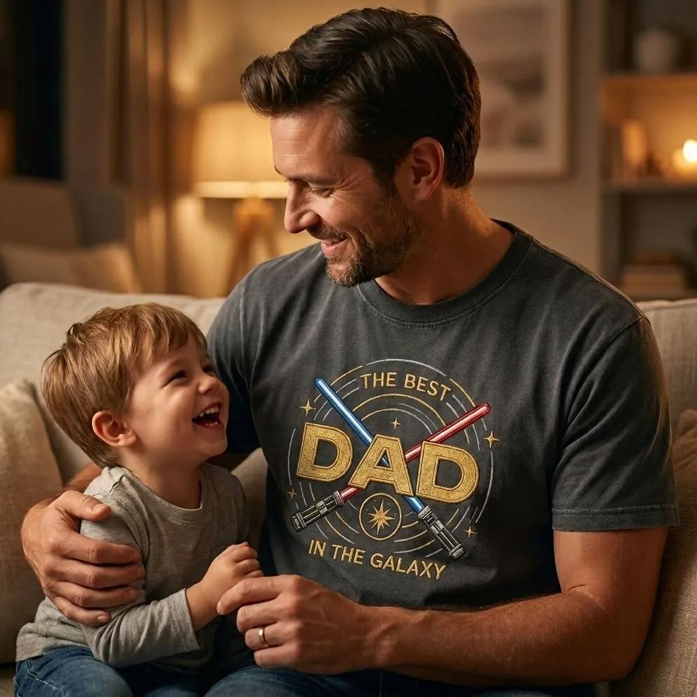 Embroidered Galaxy Dad Washed Tee – Best Dad in the Galaxy Shirt, Father’s Day Gift, Space Magic Crewneck, Galaxy Trip Apparel - MyMoonLampAu