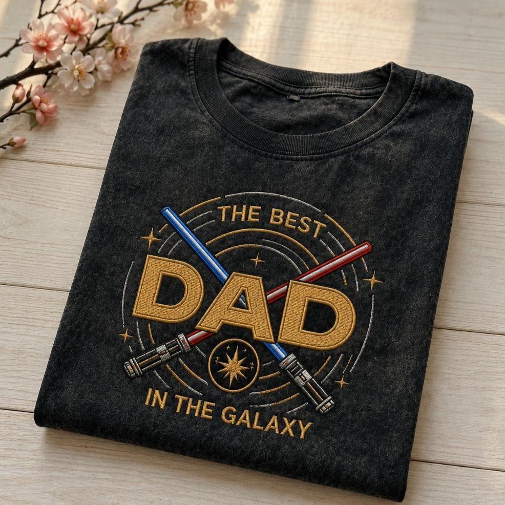 Embroidered Galaxy Dad Washed Tee – Best Dad in the Galaxy Shirt, Father’s Day Gift, Space Magic Crewneck, Galaxy Trip Apparel - MyMoonLampAu