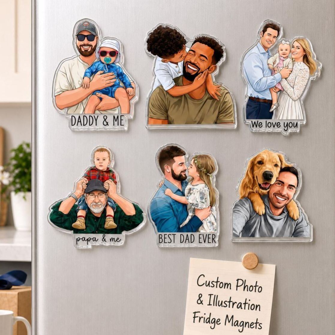 Personalized Portrait From Photo Dad And Kids Magnet: Custom Dad Photo Magnet, Fathers Day Gift For Dad, Gift For Husband, New Dad Gift - MyMoonLampAu