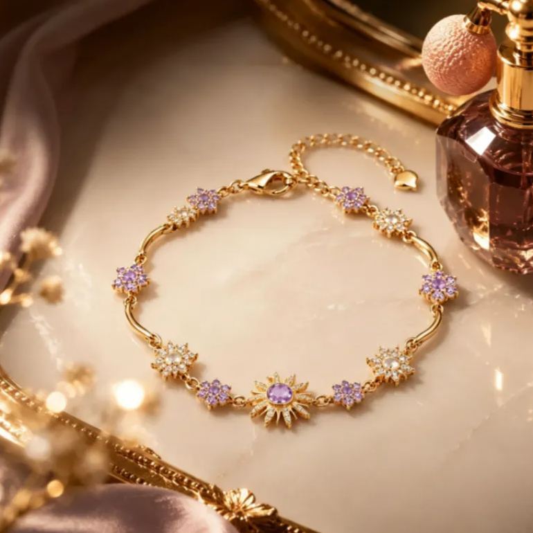 Cute Purple Sunflower Charm Bracelet for Women – Elegant Gold-Plated Floral Bracelet, Princess Style Adjustable Jewelry Gift - MyMoonLampAu