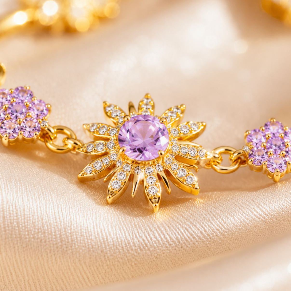 Cute Purple Sunflower Charm Bracelet for Women – Elegant Gold-Plated Floral Bracelet, Princess Style Adjustable Jewelry Gift - MyMoonLampAu