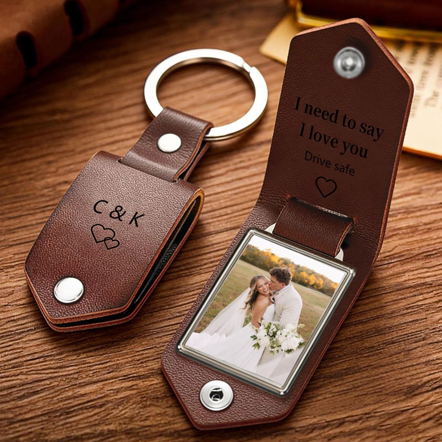 Personalized Engraved Leather Keychain with Photo,Custom Picture Keyring,Drive Safe Gift for Dad,Anniversary Gift for Husband - MyMoonLampAu