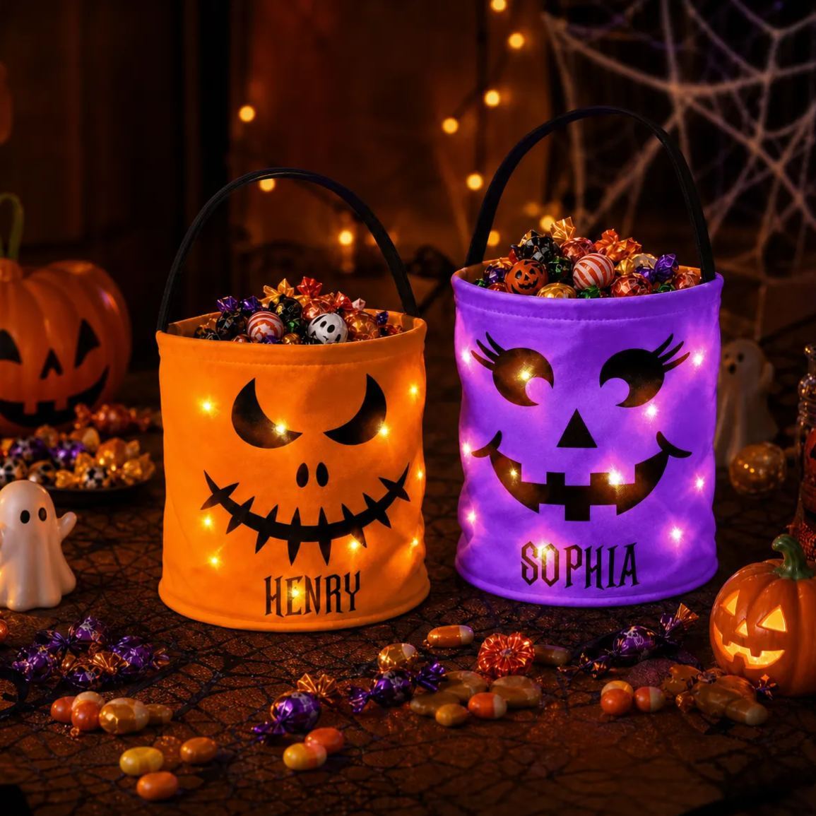 Custom LED Light Bucket Bag - Personalized Halloween Birthday Gifts For Kids - Little Boo Energy Glow Treat Bag for Kids & Trick-or-Treating - MyMoonLampAu