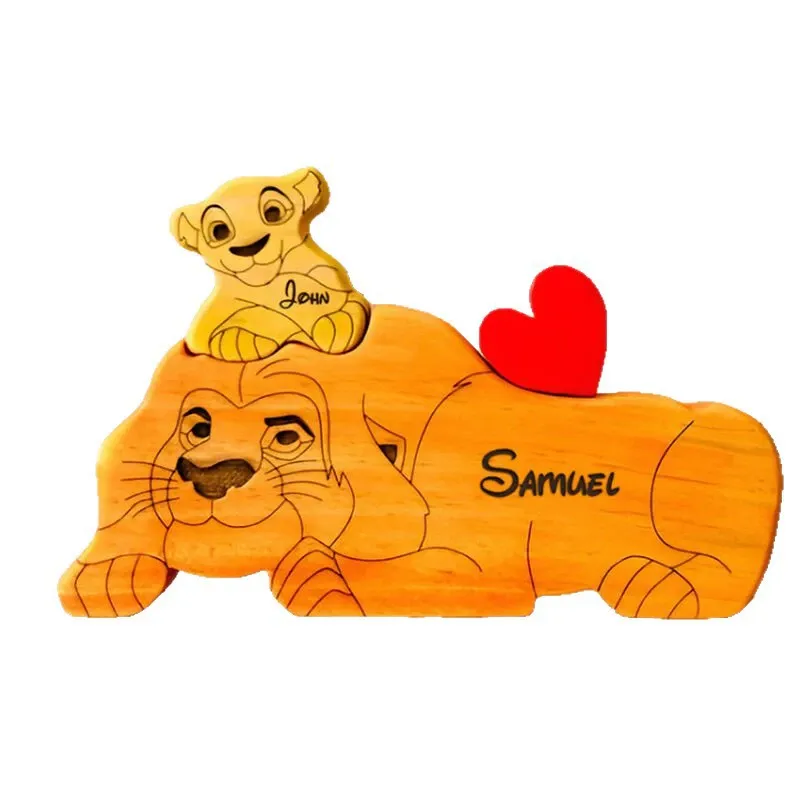 Personalised Wooden Lion Puzzle – Custom Pine Blocks with 2–4 Names