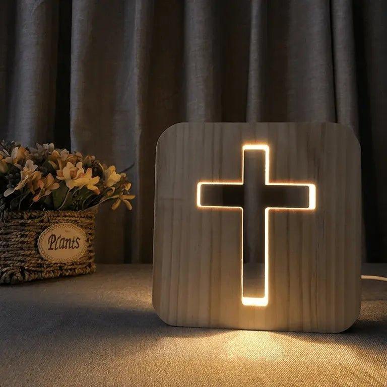 3D Wooden Cross Night Light – Hollow Wood Cross Lamp with Warm White LED, USB Powered Religious Home Decor, Bedside Table & Room Ambient Light - MyMoonLampAu