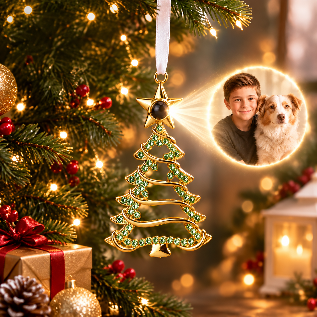 Personalized Christmas Tree Ornament with Photo Projection, Memorial Gift for Family & Pet Lovers, Holiday Tree Hanging Decor - MyMoonLampAu