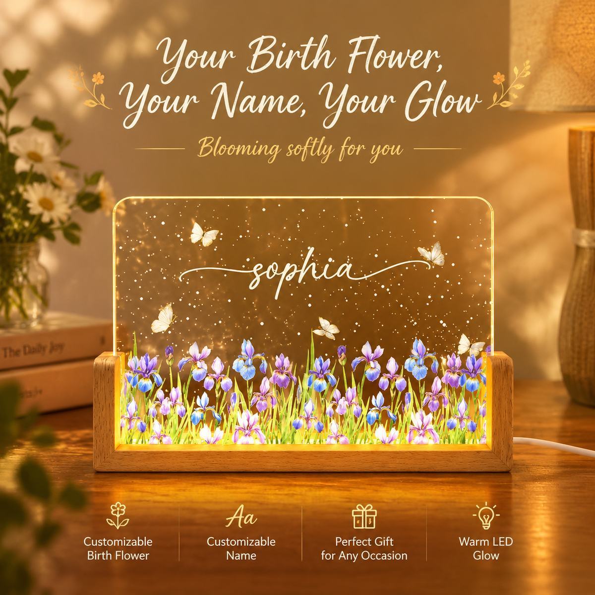Birth Month Flower Watercolor Blooming In Love - Personalized Acrylic LED Night Light - Special Gift For Friends, Lovers, Family Members - MyMoonLampAu