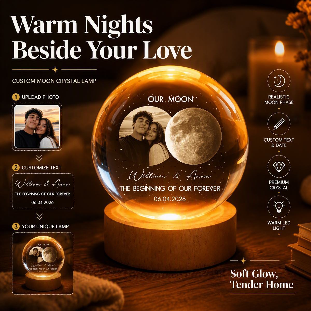 Custom Photo Moon Crystal Sphere Gift For Lovers - Romantic LED Night Light For Bedroom Decor - MyMoonLampAu
