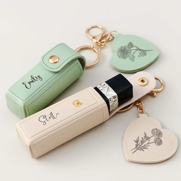Engraved Birth Flower Lipstick Keychain Case with Mirror, Custom PU Leather Lip Balm Bag, Personalized Birthday Gift for Her, Christmas gift - MyMoonLampAu