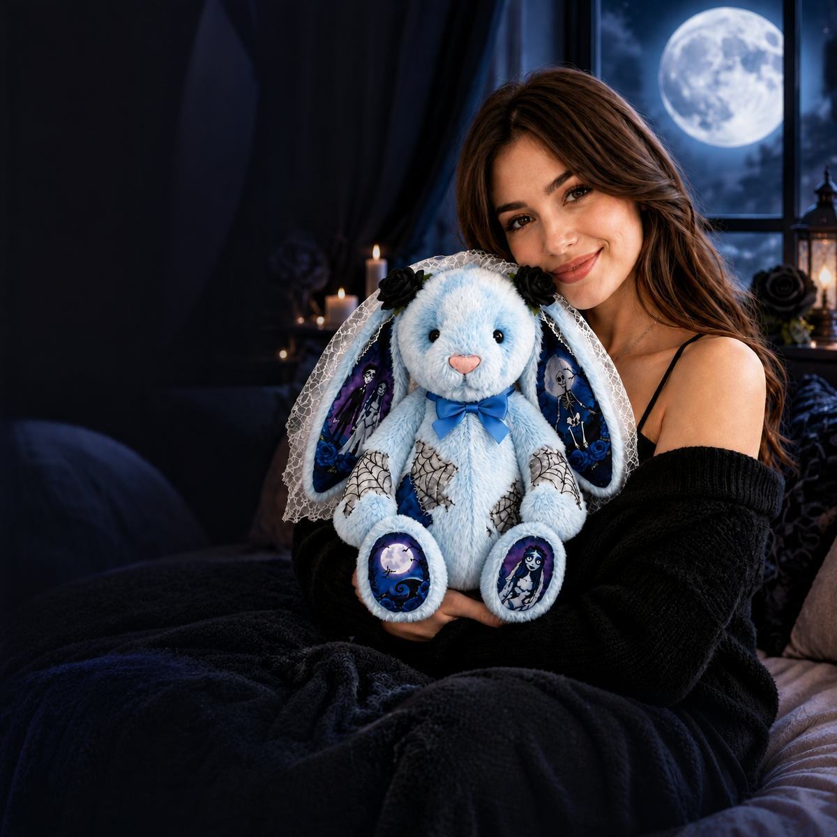 Gothic Blue Plush Bunny Doll with Character Print Ears and Feet – Halloween Gift for Teens & Adults - MyMoonLampAu
