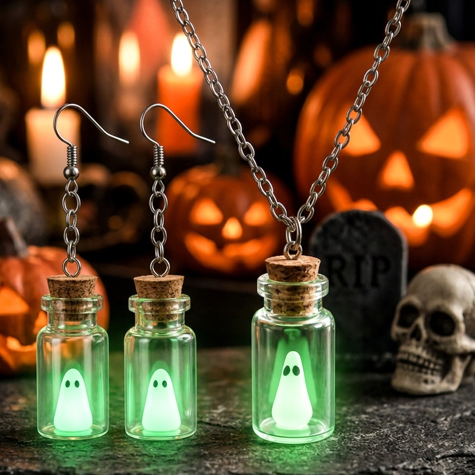Glow-in-the-Dark Ghost Bottle Jewelry – Halloween Earrings & Necklace, Cute Mini Glass Ghost Pendant - auphotoblanket