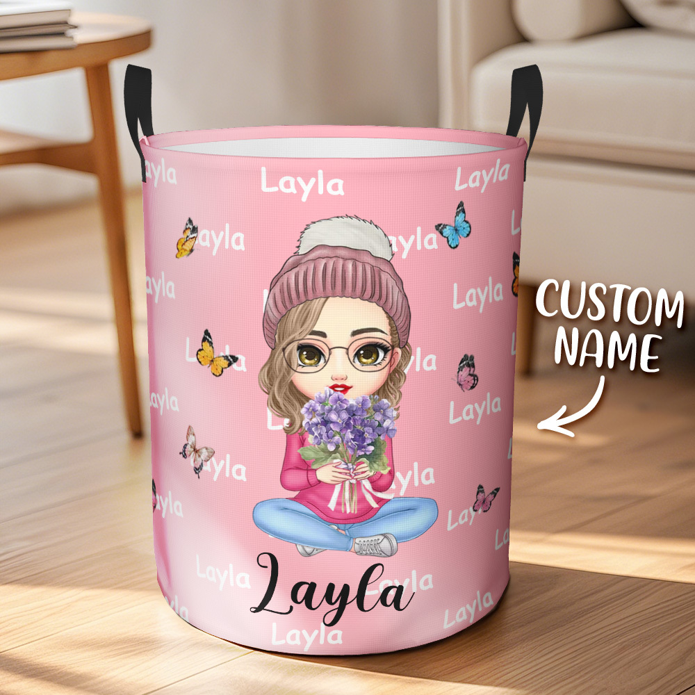 Personalised Butterfly Storage Basket Cartoon Character Birth Flower Name Laundry Basket - auphotoblanket