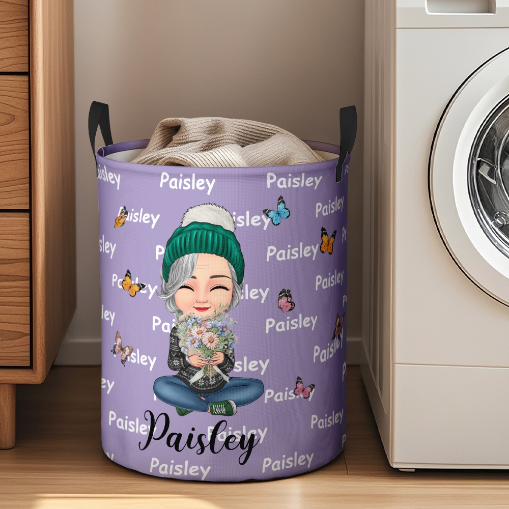 Personalised Butterfly Storage Basket Cartoon Character Birth Flower Name Laundry Basket - auphotoblanket