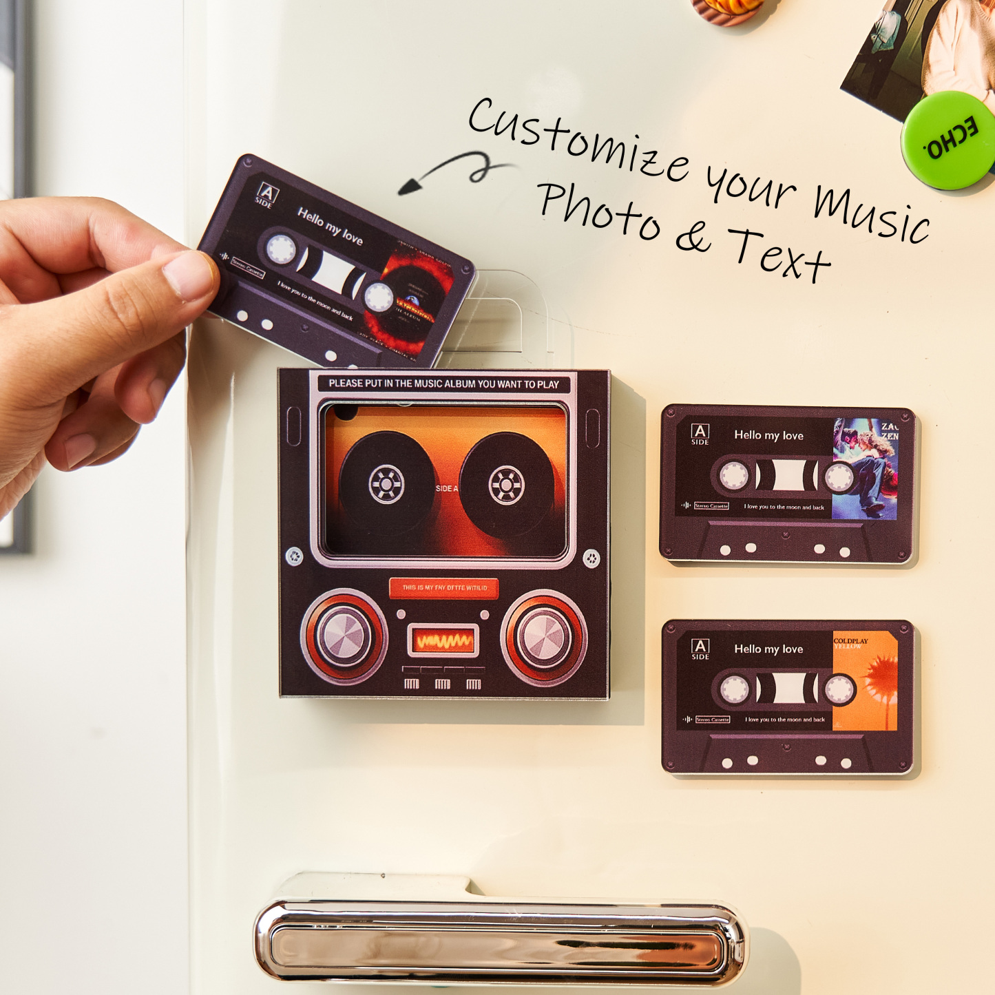 Custom Music Mixtape Fridge Magnet with Preview | Auto-Play 1/3/6/9 Songs Cassette Style Photo Magnet with Changeable Tape & Song | No App Needed Romantic Gift for Couples & Anniversary - auphotoblanket