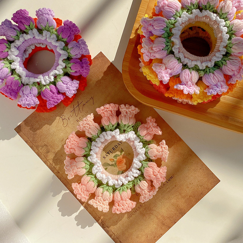 Mother's Day Gifts Hand-Woven Lily Of The Valley Wool Large Intestine Hair Ring High Elastic Ponytail Hair Ring - auphotoblanket