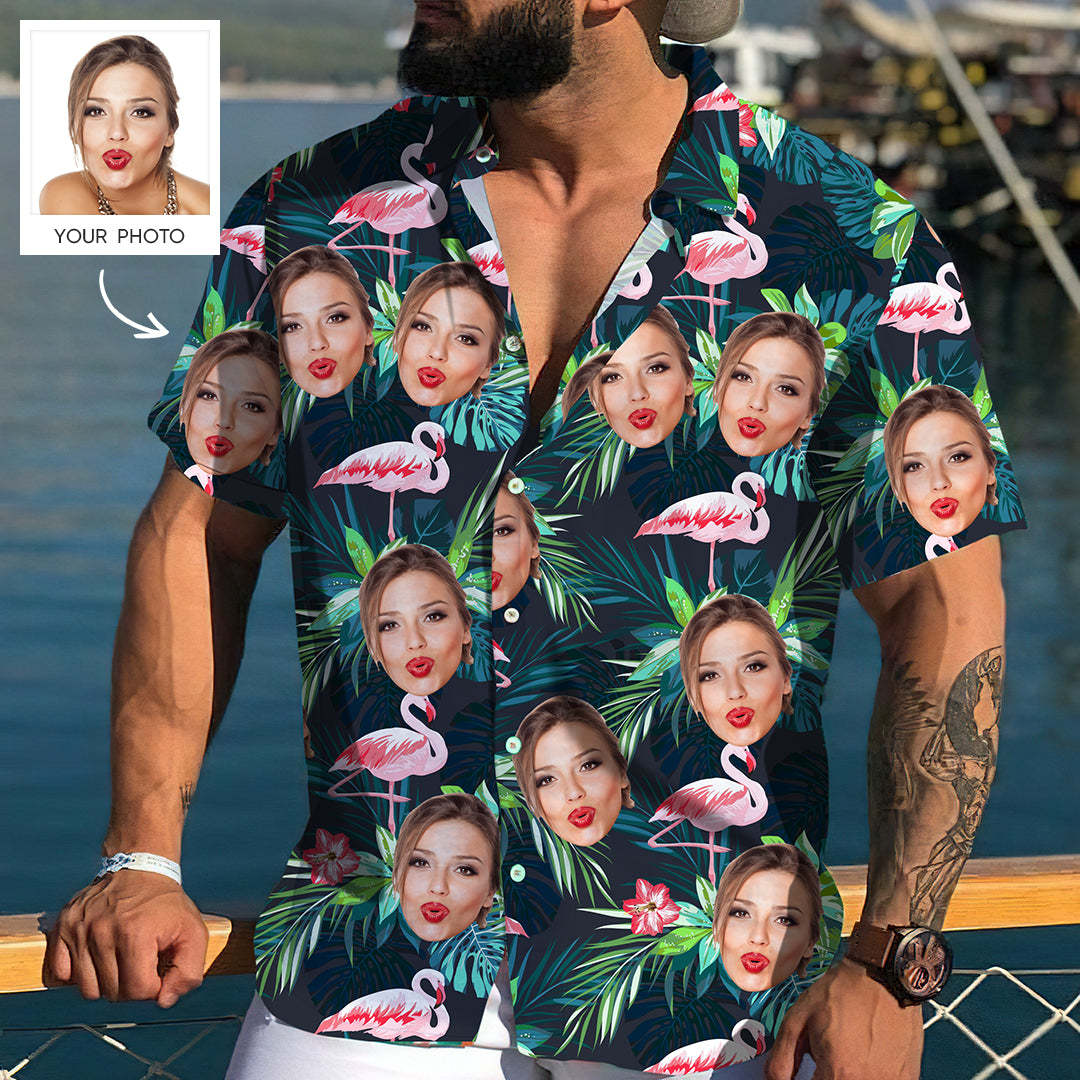 Christmas Gifts,Custom Face All Over Print Hawaiian Shirt Flamingo Flowers And Leaves - auphotoblanket