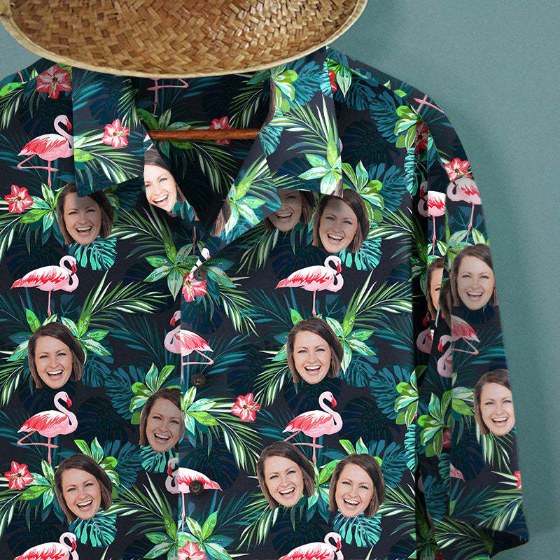 Christmas Gifts,Custom Face All Over Print Hawaiian Shirt Flamingo Flowers And Leaves - auphotoblanket