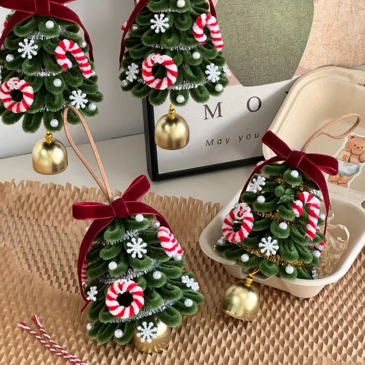 Pipe Cleaner Christmas Tree Decoration  Handmade Chenille Ornament, Red Green Pastel Xmas Decor, Fuzzy Holiday Hanger
