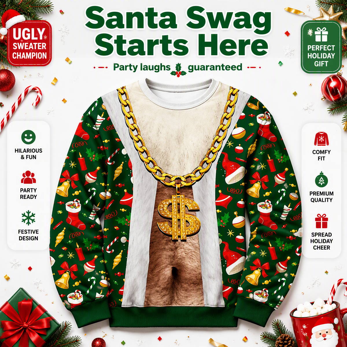 Funny Ripped Santa Muscle Abs Ugly Christmas Sweater – 3D Printed Christmas Lights & Reindeer Bowtie Sweatshirt, Novelty Holiday Party Outfit - auphotoblanket