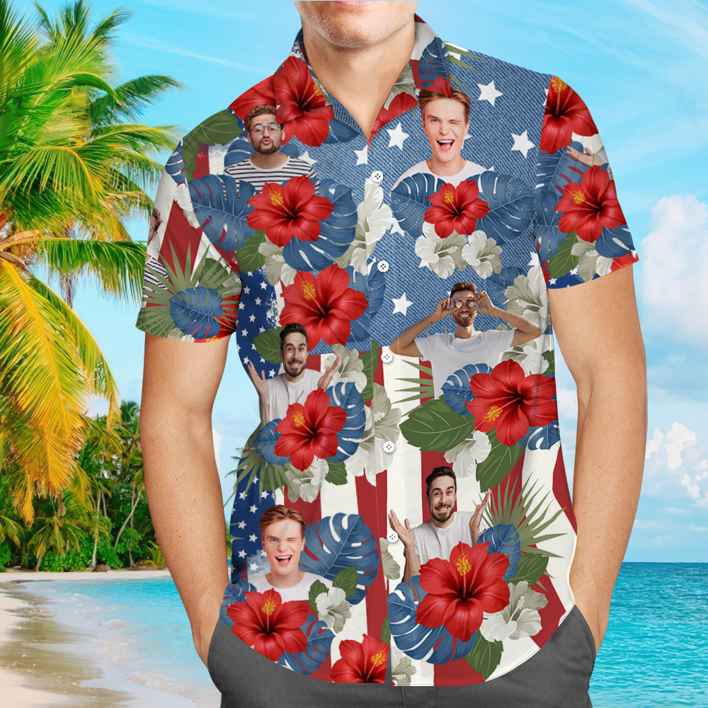 Custom Photo American Flag Hawaiian Shirt Tropical Independence Day Gift Shirt - auphotoblanket