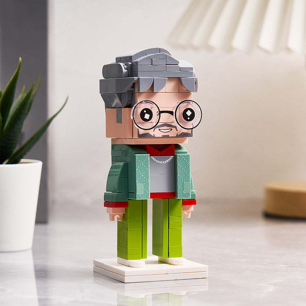 Full Body Customizable Stylish Green Jacket Old Man Gift For Dad 1 Person Custom BrickHeads Upgraded Version Small Particle Block Gift For Daddy On Father's Day - auphotoblanket