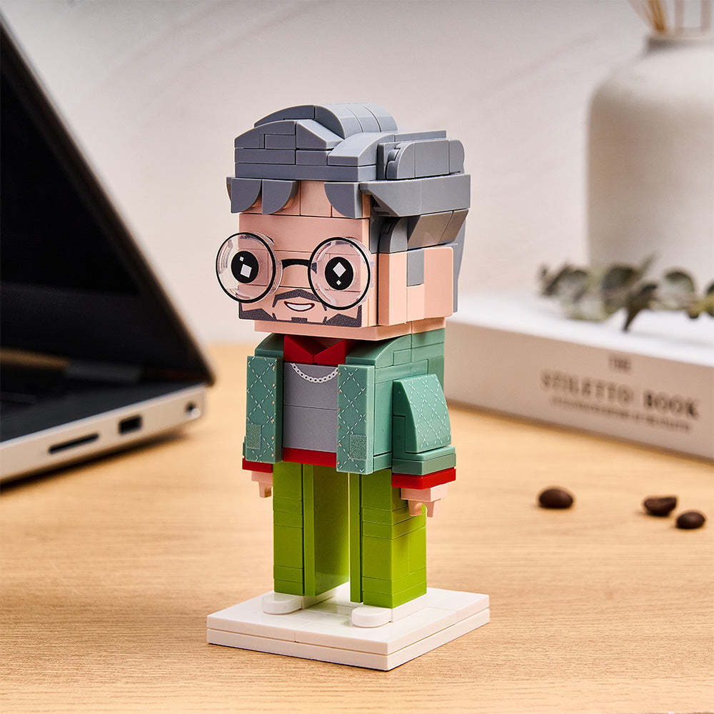 Full Body Customizable Stylish Green Jacket Old Man Gift For Dad 1 Person Custom BrickHeads Upgraded Version Small Particle Block Gift For Daddy On Father's Day - auphotoblanket