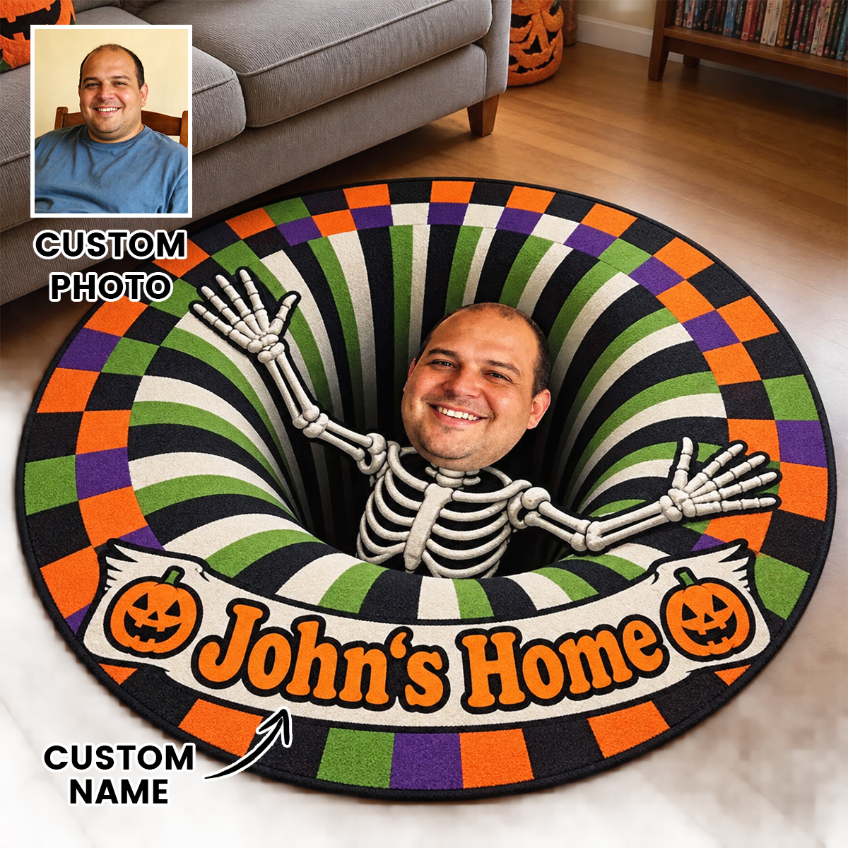 Halloween Round Rug – Spooky Area Rug with Pumpkin, Ghost & Skeleton Designs, Indoor Halloween Home Decor - auphotoblanket