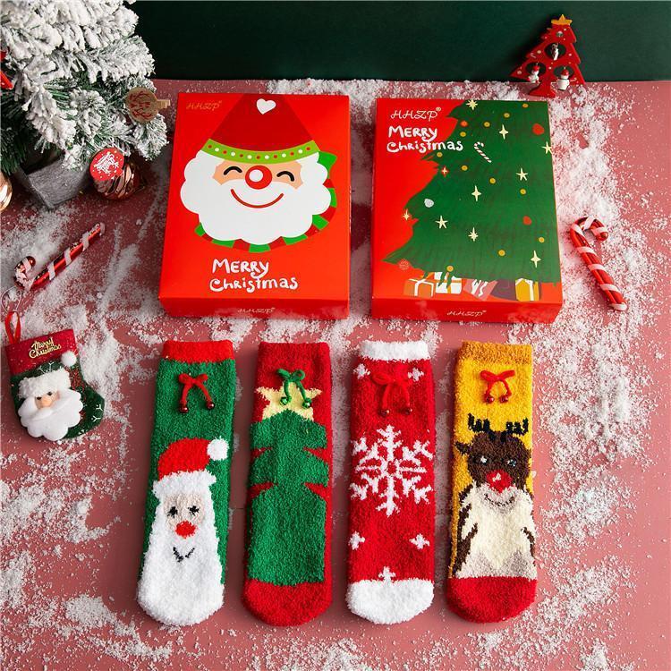 Christmas Jingle Bell Plush Socks Colorful Warm Xmas Fuzzy Socks Fluffy Bed Socks for Adult & Kids - 4 Pairs