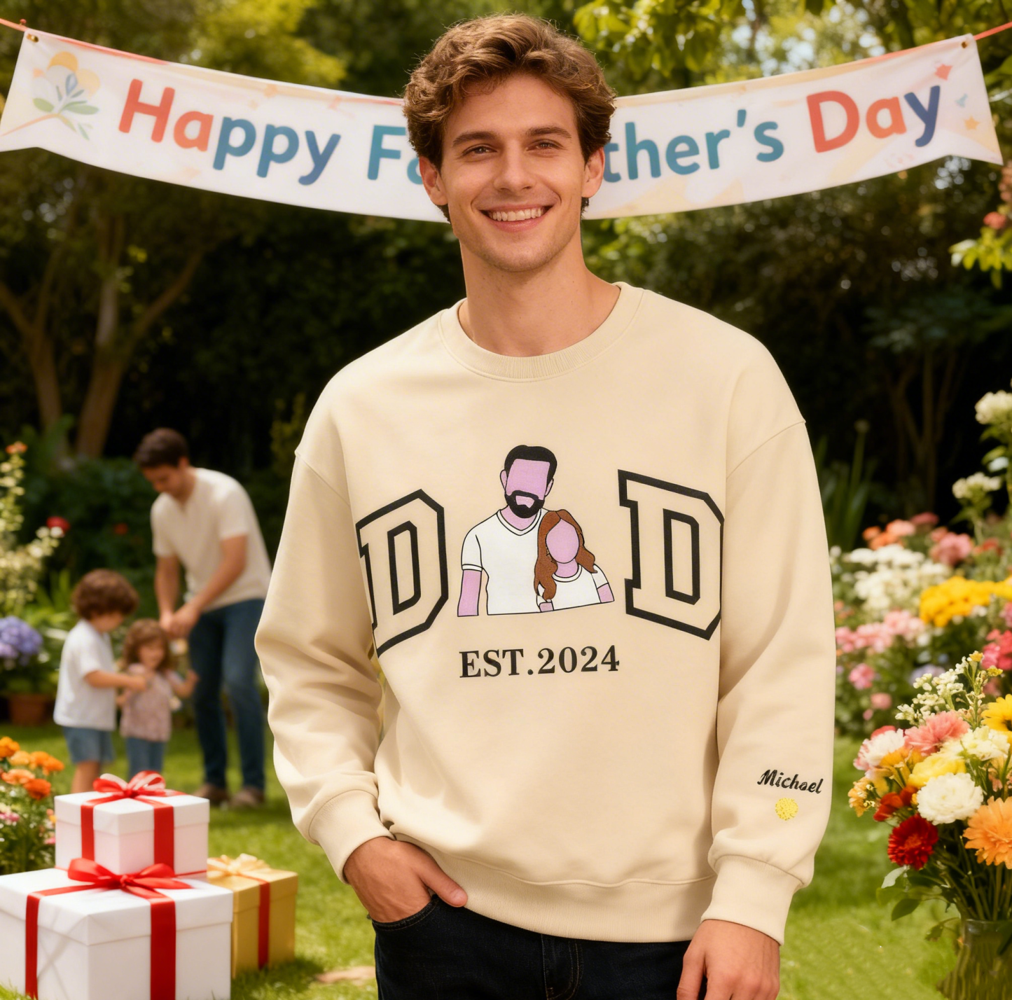 Personalized Sweatshirt with Embroidered Portrait for Dad – Father's Day Gift – Custom Gift with Embroidered Family Photo - auphotoblanket