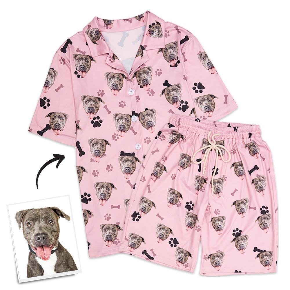 Christmas Gifts Custom Pajamas with Dog Face Bones And Footprints Short Sleeved Pajamas - auphotoblanket