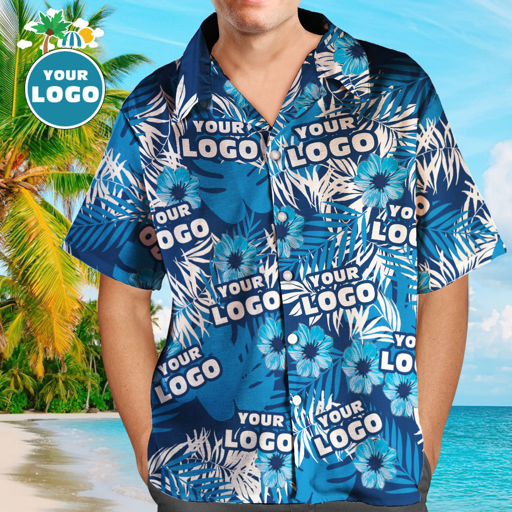 Custom Logo Hawaiian Shirts Flowers and Leaves Design Personalized Aloha Beach Shirt For Men - auphotoblanket