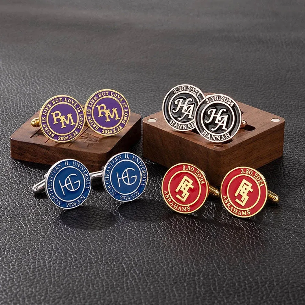 Personalized Name Colorful Enamel Cufflinks, Initials Engraved Cufflinks with Box, Father's Day/Valentine's Day/Wedding Gift for Dad/Husband/Groom - auphotoblanket