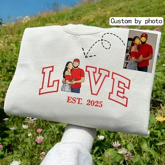 Personalized Embroidered Photo Couple LOVE Est Year Sweatshirt/Hoodie - auphotoblanket