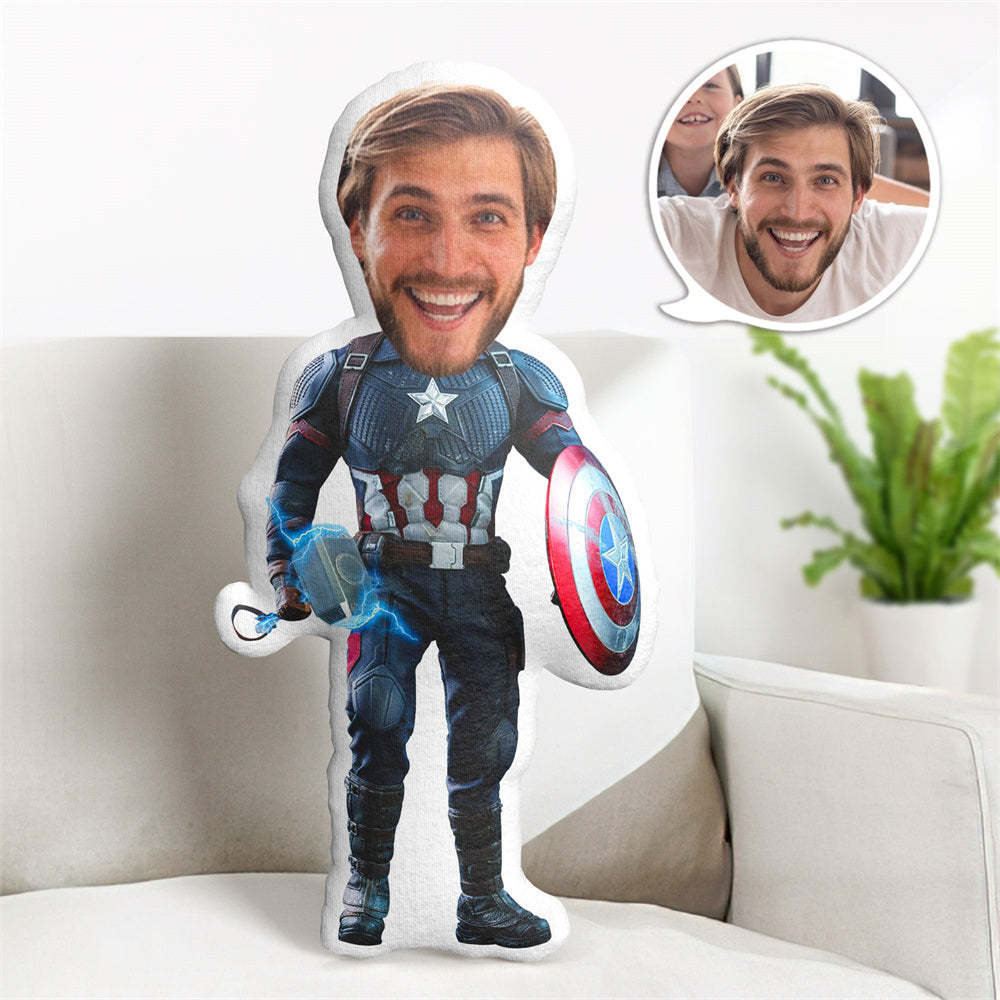Father's Day Gifts Cusotm Face Pillow Superhero Doll Personalzied Captain America with Thor's Hammer MiniMe Pillow Gifts for Him - auphotoblanket