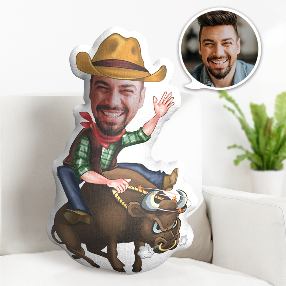 Custom Face Pillow Personalized Face Doll Cowboy Riding Bull Doll MiniMe Pillow Gifts for Him - auphotoblanket