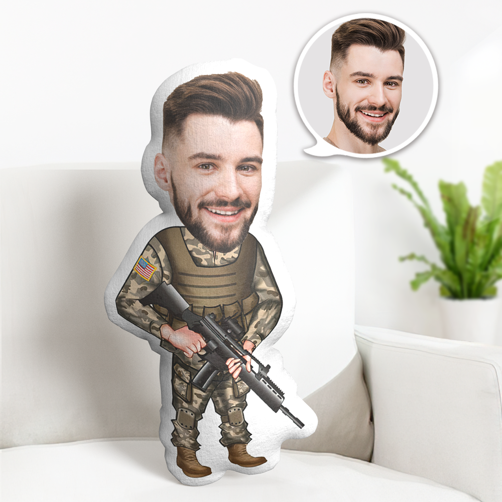 Custom Face Pillow Personalized Face Doll Soldier with Gun Doll MiniMe Pillow Gifts for Him - auphotoblanket