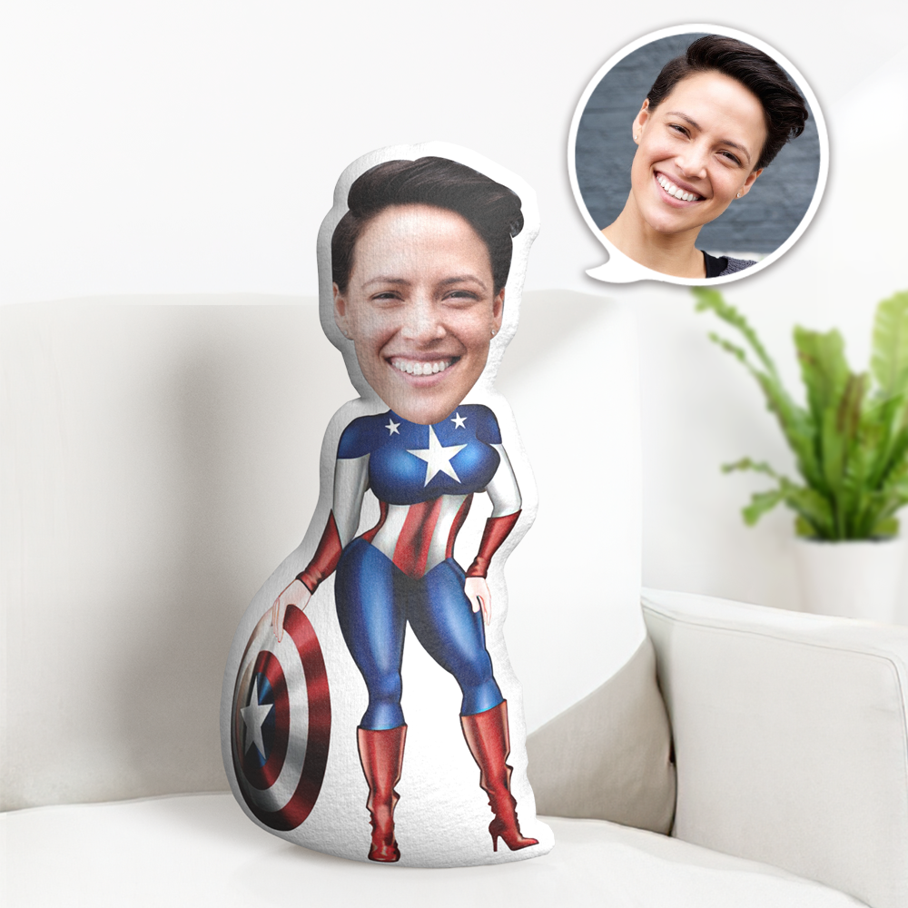 Custom Face Pillow Personalized Face Doll Female Captain America Doll MiniMe Pillow Gifts for Her - auphotoblanket