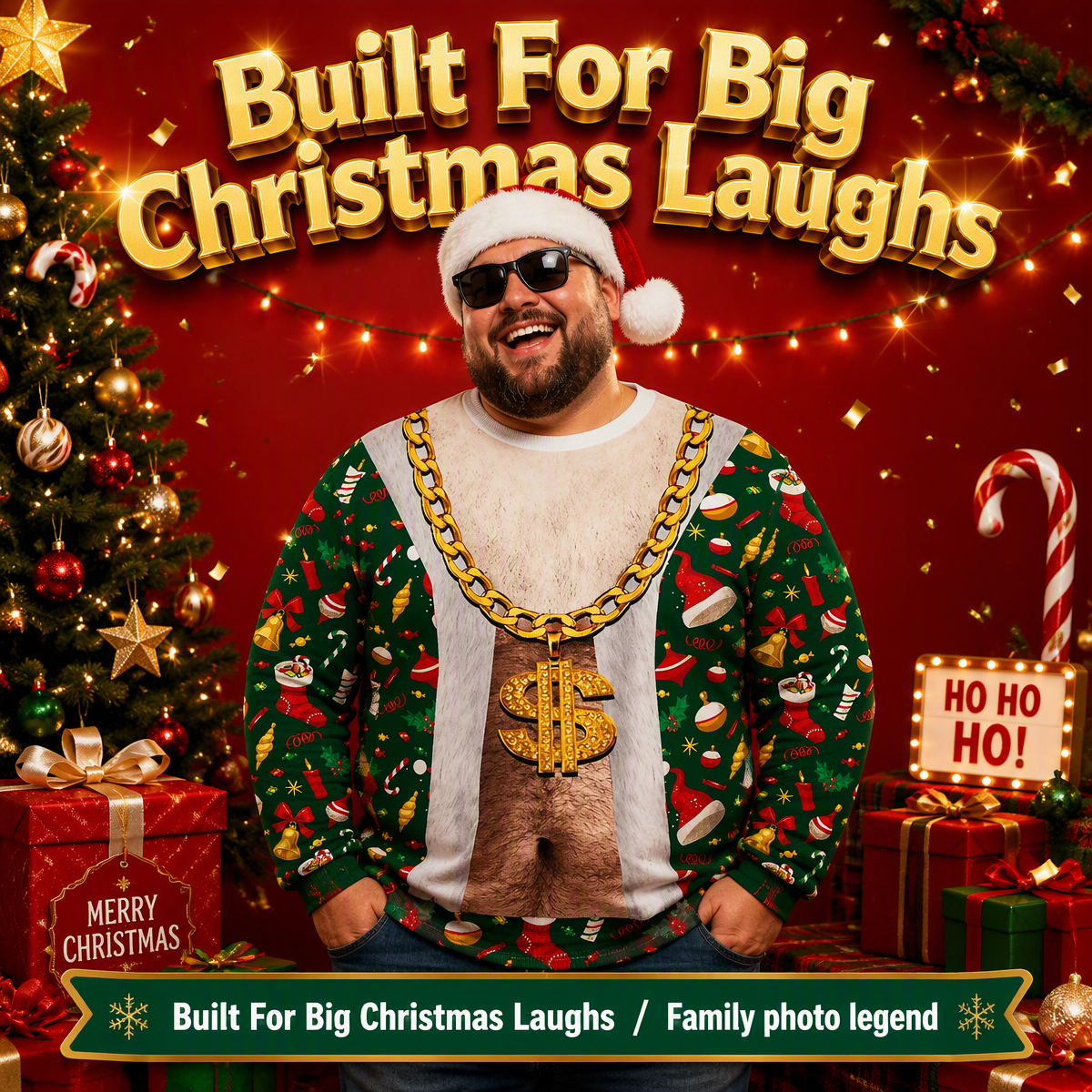 Funny Ripped Santa Muscle Abs Ugly Christmas Sweater – 3D Printed Christmas Lights & Reindeer Bowtie Sweatshirt, Novelty Holiday Party Outfit - auphotoblanket