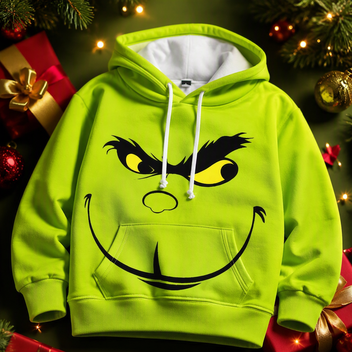 Funny Green Monster Face Hoodie – Graphic Smirk & Grumpy Face Printed Christmas Pullover Sweatshirt, Festive Holiday Cosplay Apparel - auphotoblanket