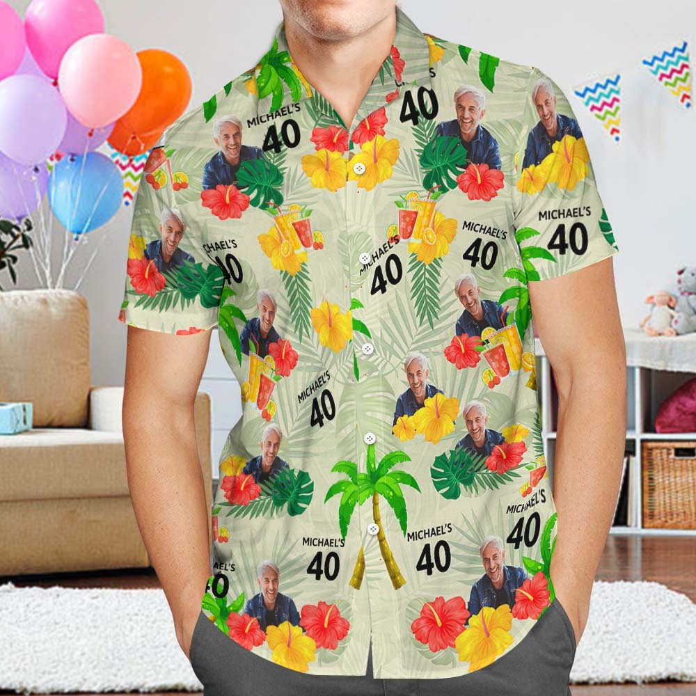 Custom Pink Date and Name Birthday Face Hawaiian Shirt  Red Flower and Coconut Tree Hawaiian Shirt - auphotoblanket