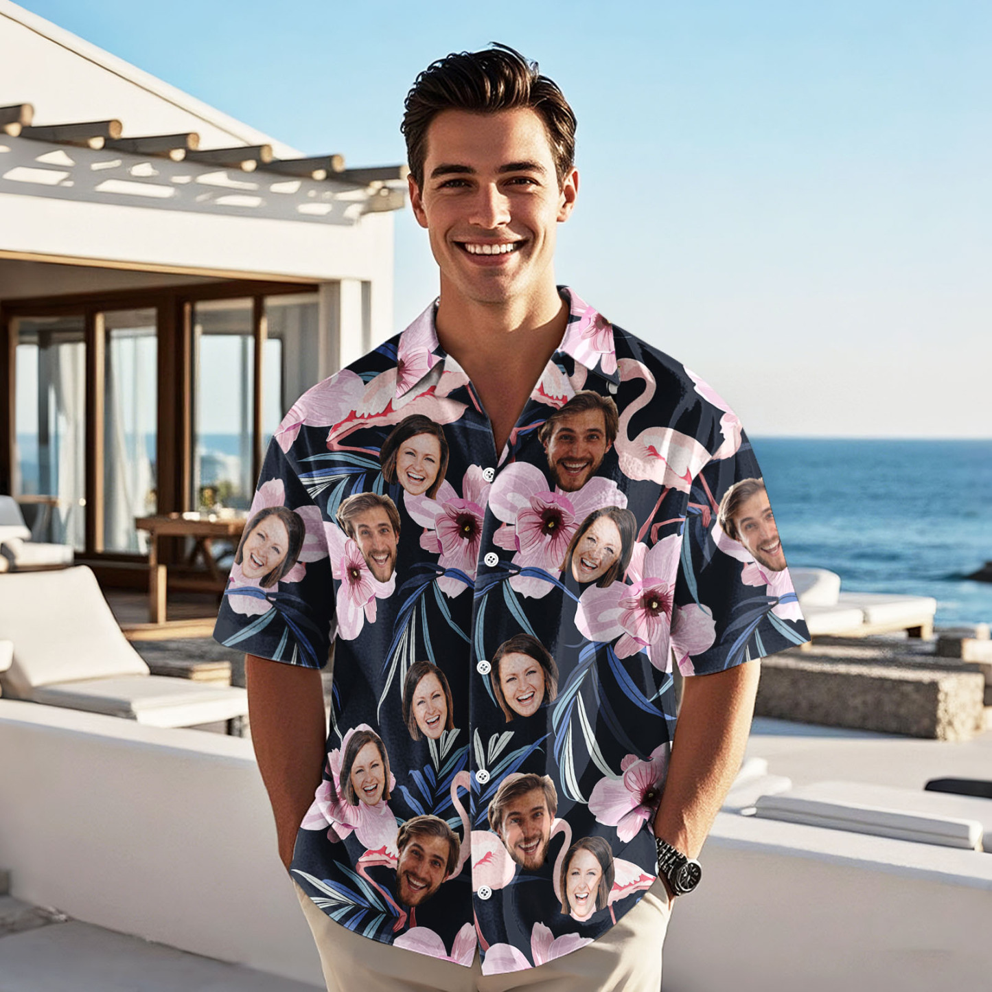 Custom Face Pink Flower Hawaiian Shirt Personalized Pink Flamingo Pattern Hawaiian Shirt Gift For Him - auphotoblanket