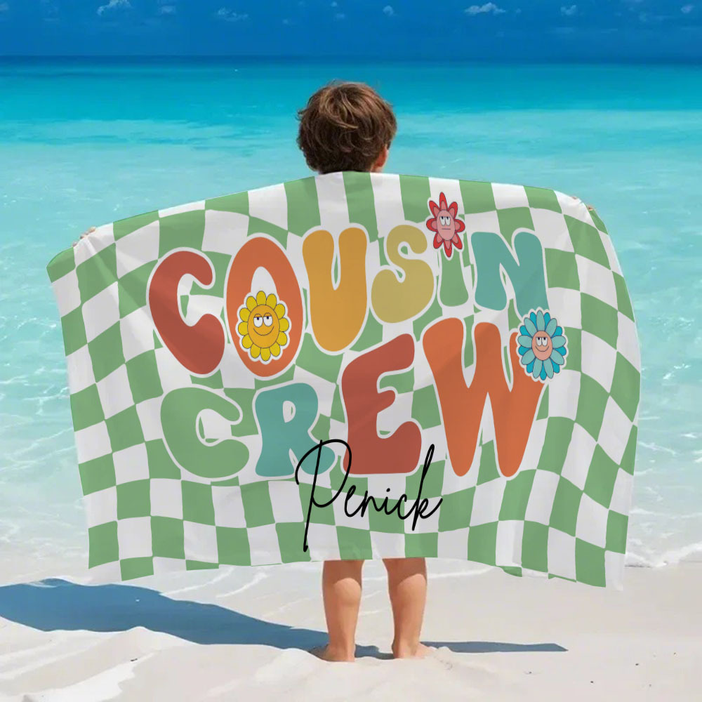 Personalised Cousin Crew Plaid Design Oversized Quick Dry Beach Towel with Name Birthday Summer Vacation Accessory Gift for Kids - auphotoblanket