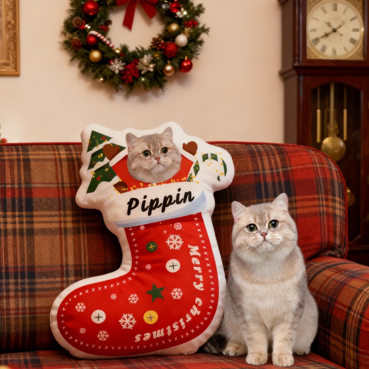 Custom Pet Christmas Stocking Pillow, Personalized Portrait & Name, Pet Face Cushion - auphotoblanket