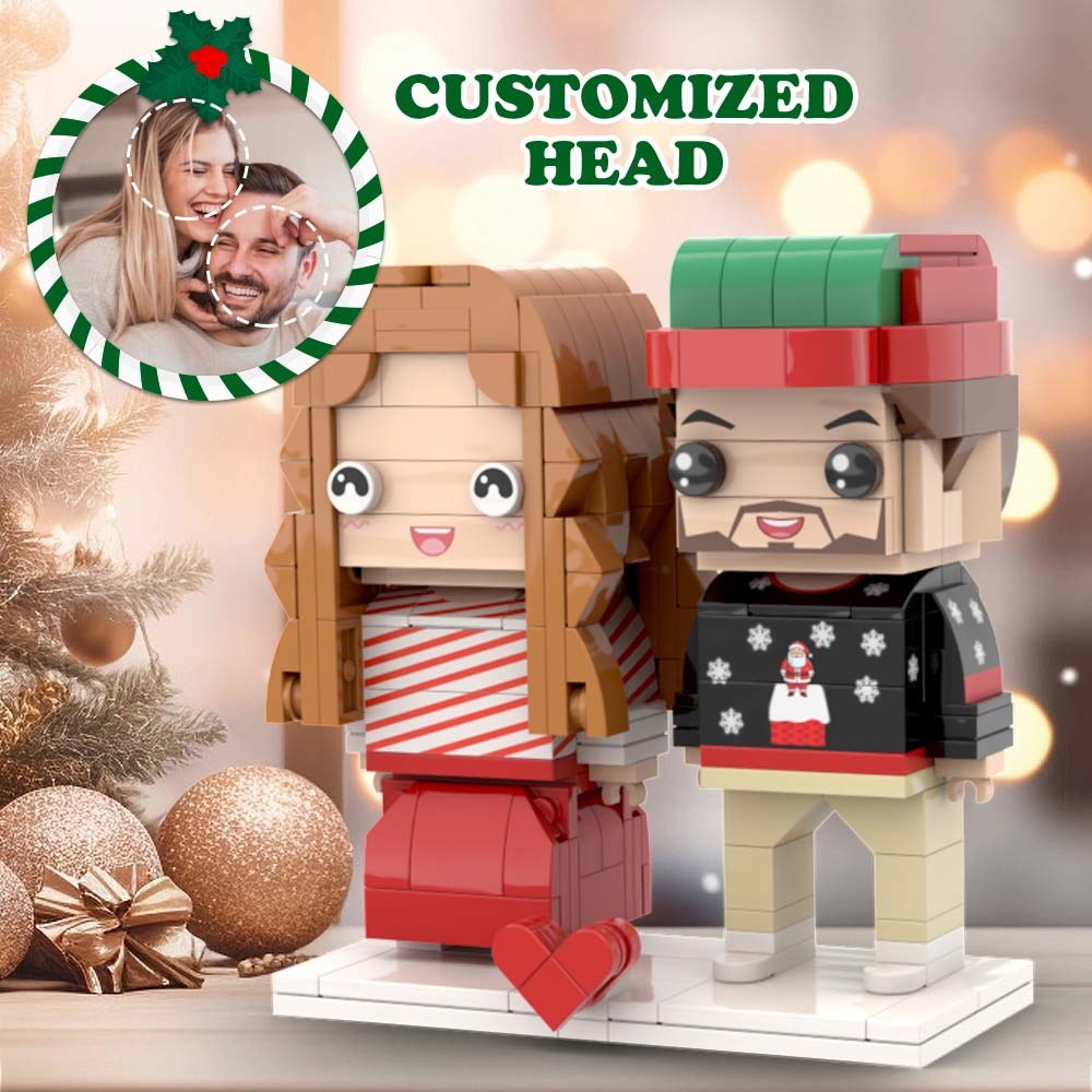 Ugly Christmas Matching Couple Sweater Red Custom Square Face Face Brick Figures Customizable Head 2 People Custom Brick Figures - auphotoblanket