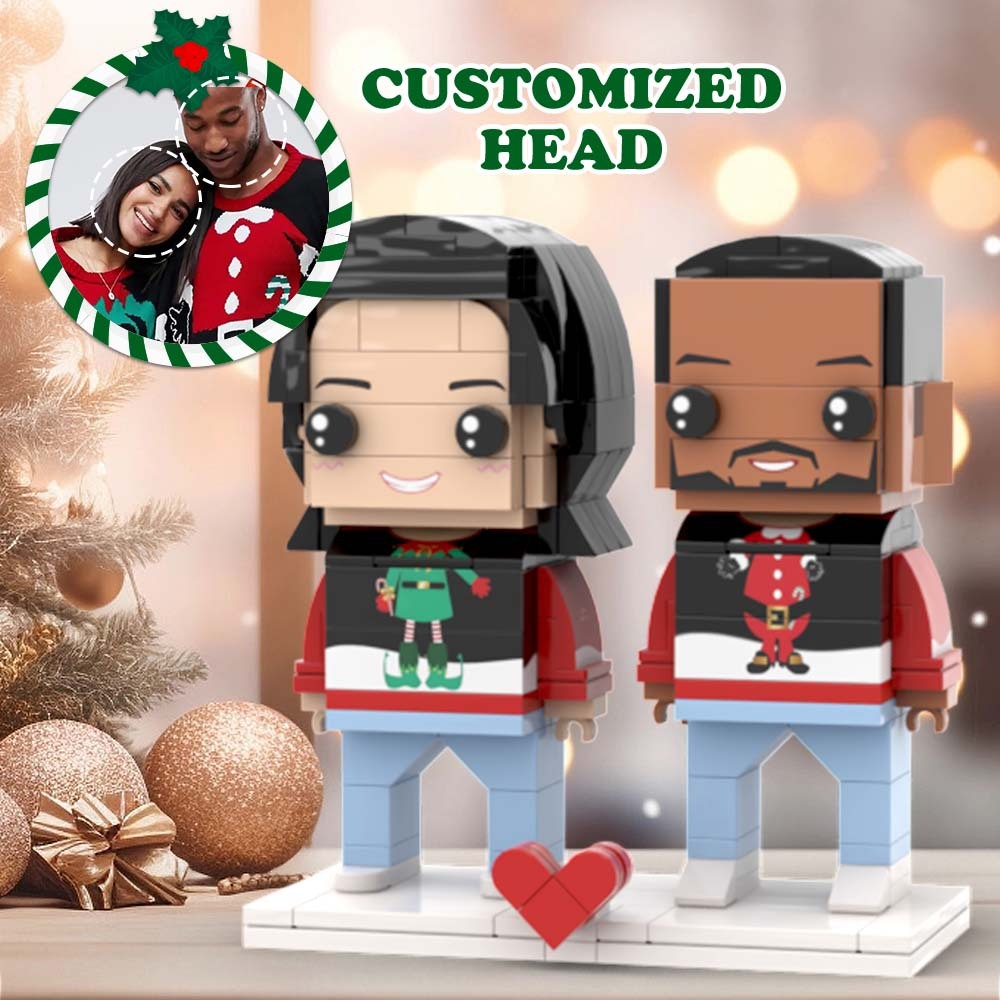 Ugly Christmas Matching Couple's Sweater Custom Face Brick Figures Customizable Head 2 People Custom Brick Figures - auphotoblanket