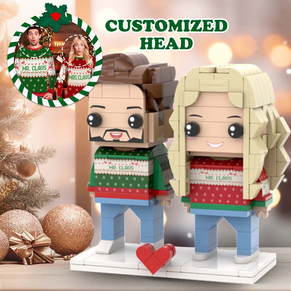 Free Shipping Ugly Christmas Matching Couple Mr Claus and Mrs Claus Sweater Custom Face Brick Figures Customizable Head 2 People Custom Brick Figures - auphotoblanket