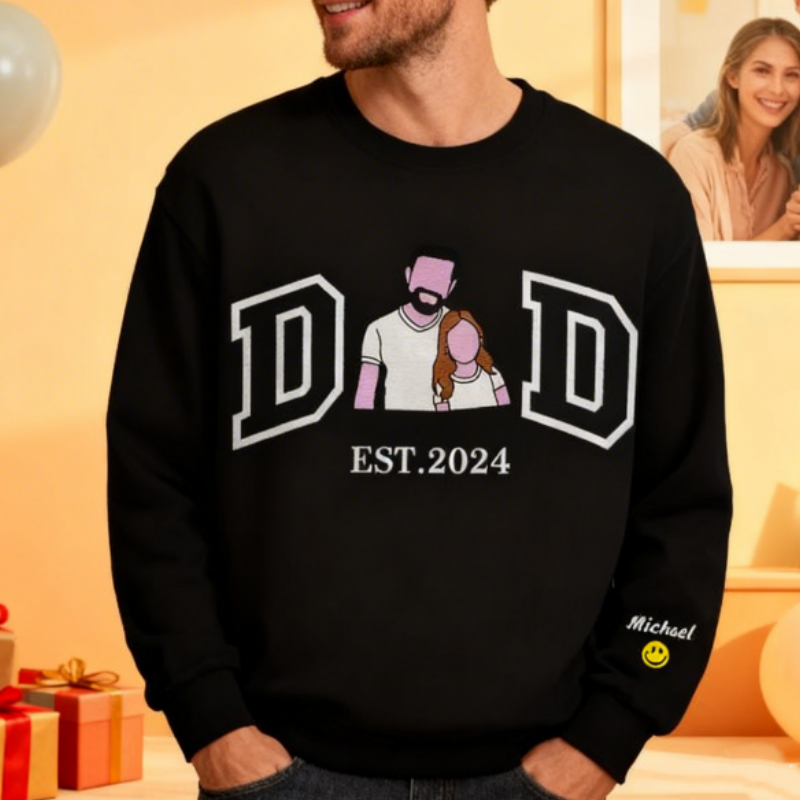 Personalized Sweatshirt with Embroidered Portrait for Dad – Father's Day Gift – Custom Gift with Embroidered Family Photo - auphotoblanket